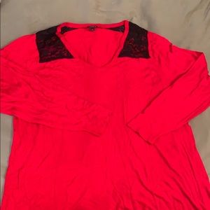 Red sweater with black lace neckline